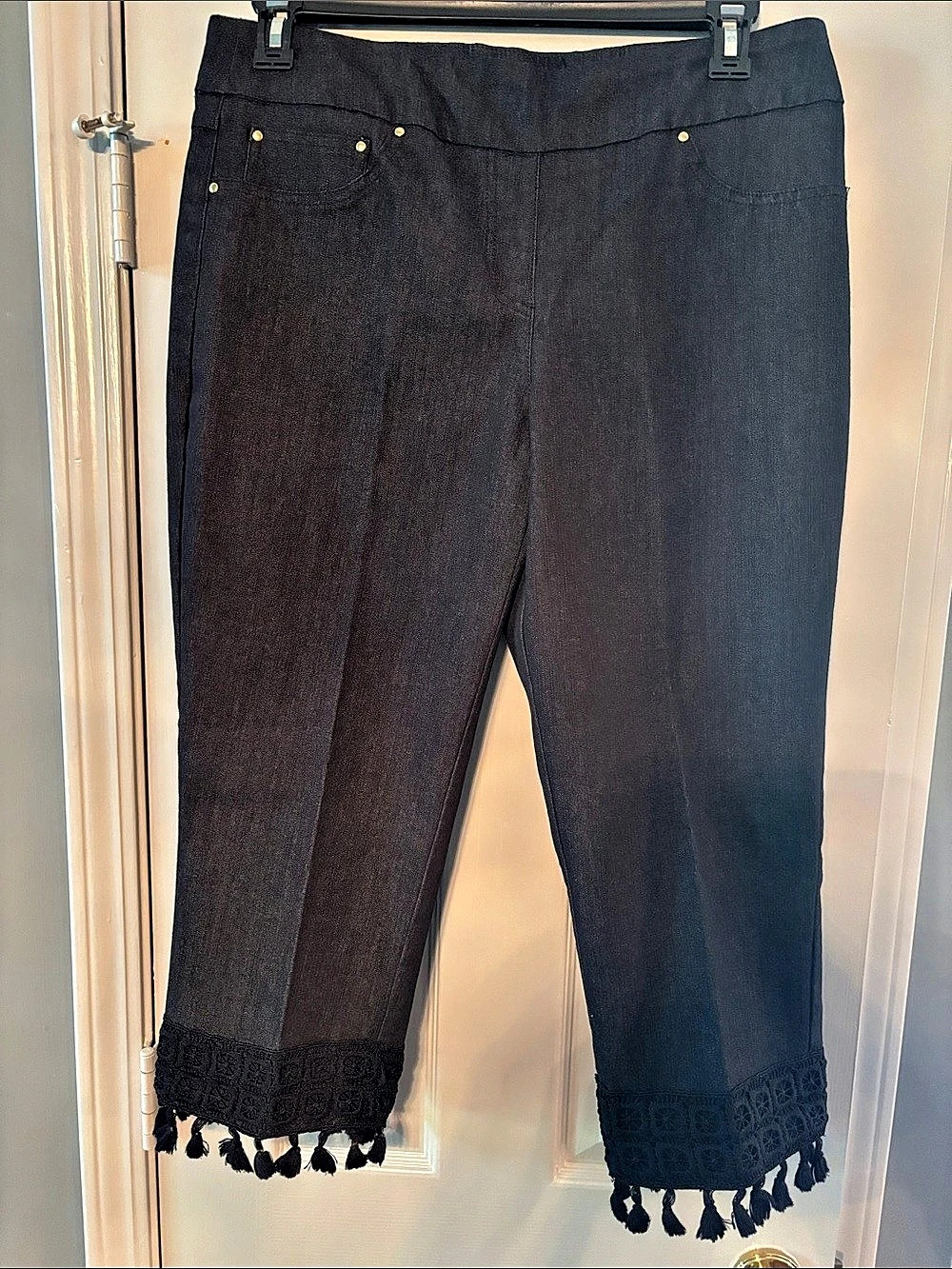 Ruby Rd. Slimming Contour Black Pull On Elastic Waistband Tasseled Hem Pants NWT